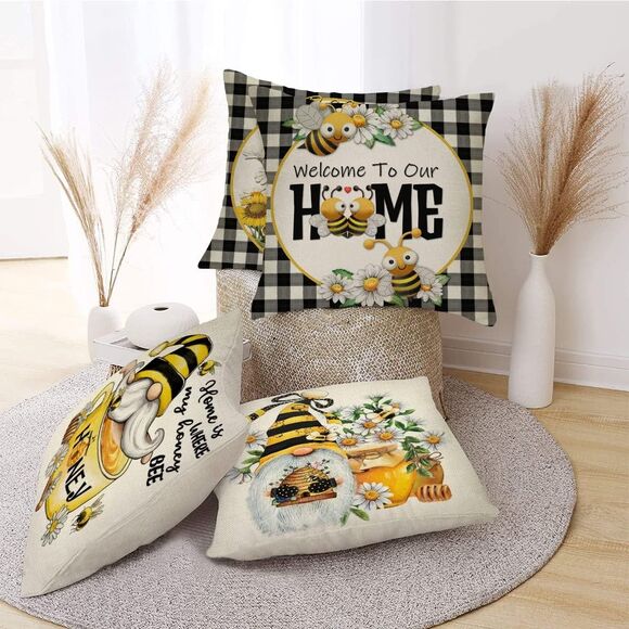 Yellow Bumble Bee Happy Gnome Decorative Throw Pillow Cover 20x20 Set of 4, Fall - Picture 7 of 7